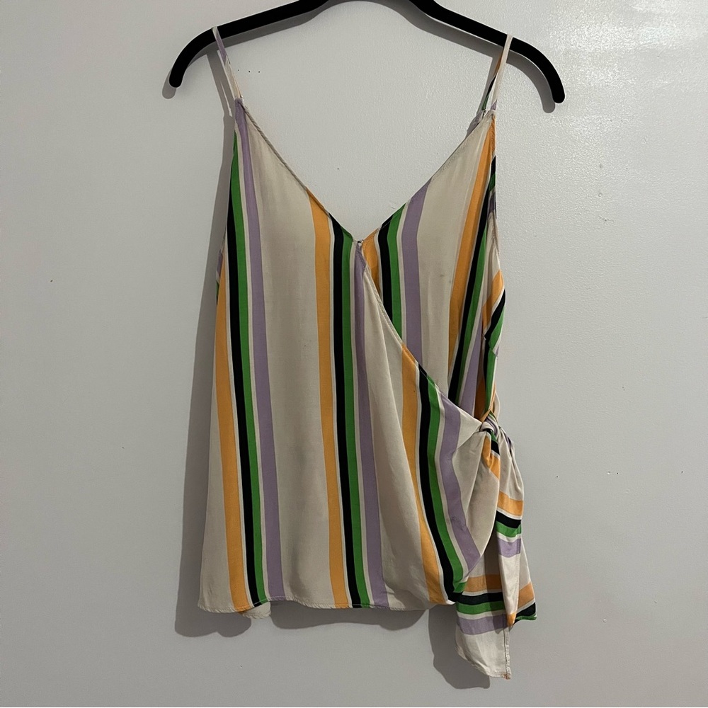 ASTR the label green purple striped tan Asymmetrical Tie Front tank top Cami XL